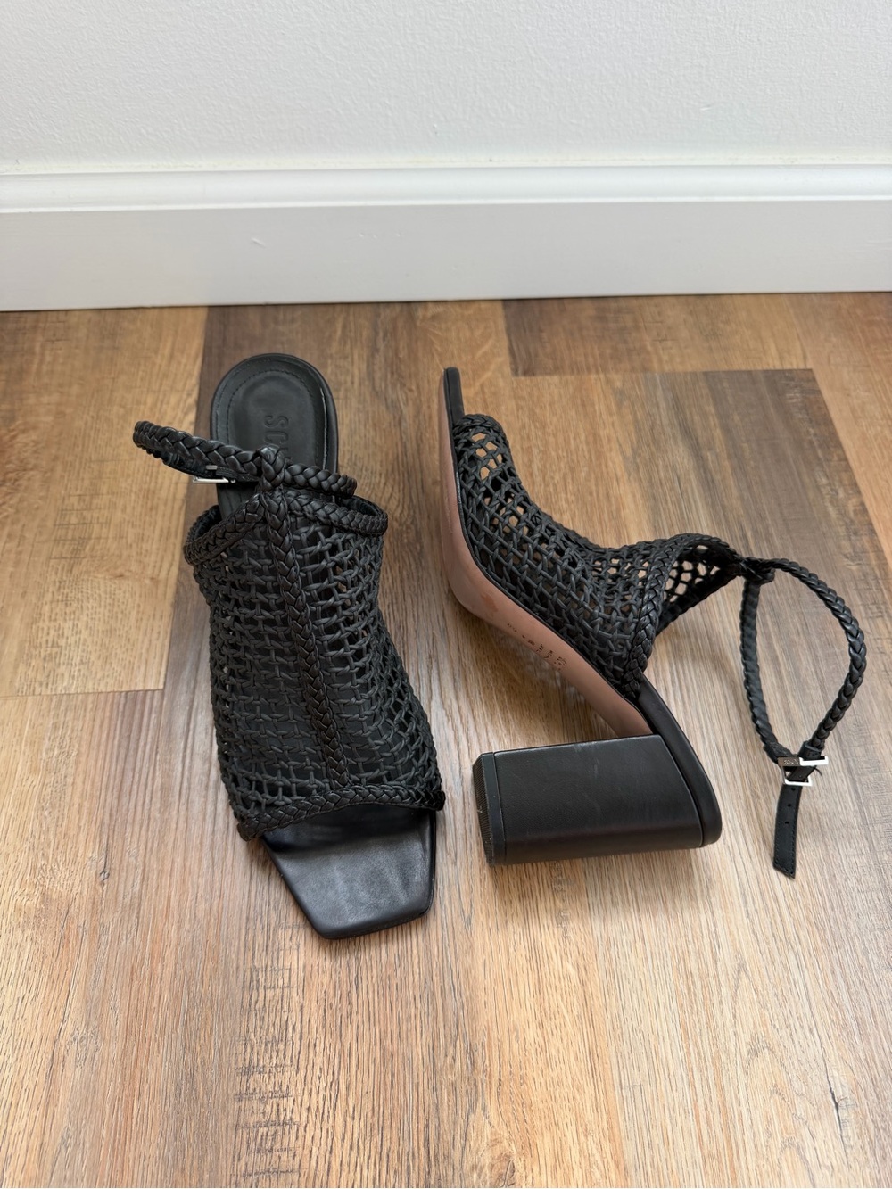 Shutz Woven Black Block Heel Sandal with Braided Ankle Strap